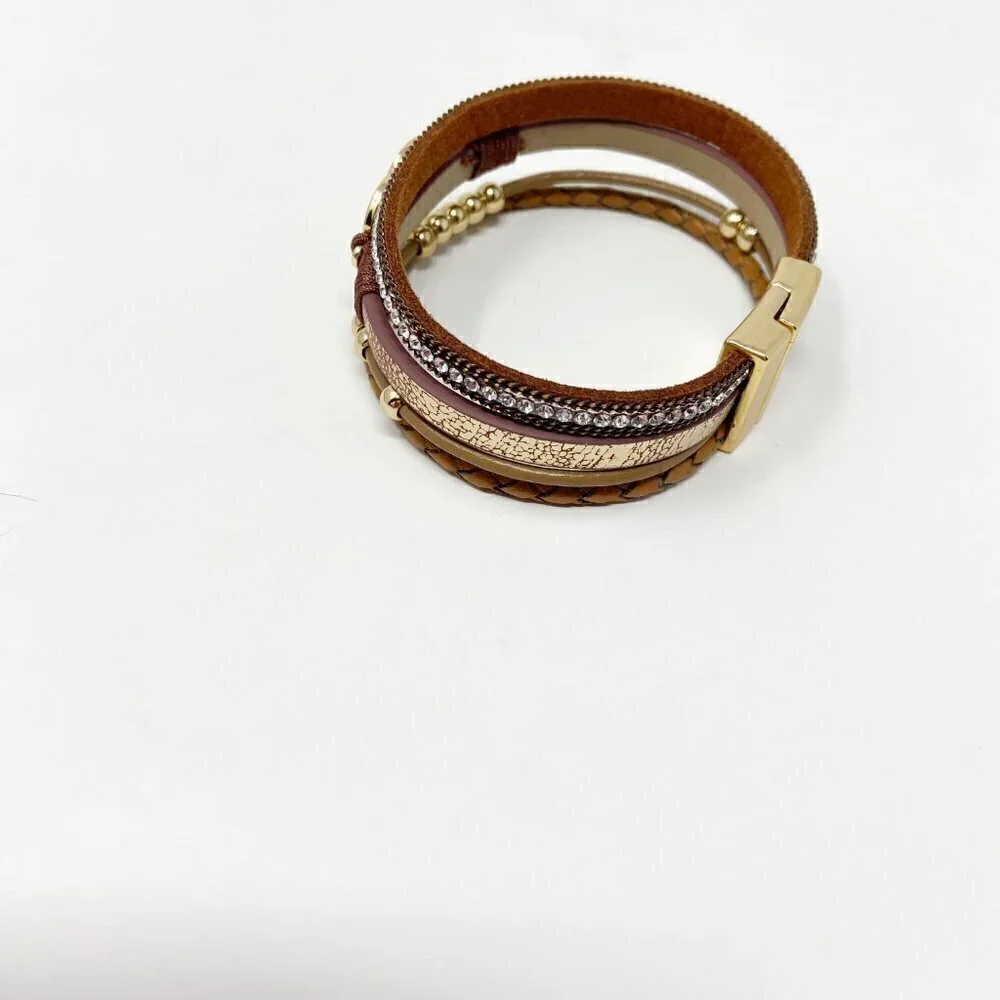 BTYSUN | Brown Leather Gold Tone Beaded Wrap Bracelet Magnetic Closure